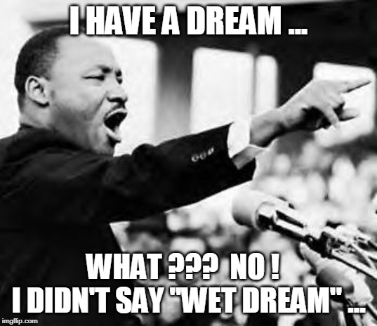 Martin Luther king jr | I HAVE A DREAM ... WHAT ???  NO !  
I DIDN'T SAY "WET DREAM" ... | image tagged in martin luther king jr | made w/ Imgflip meme maker