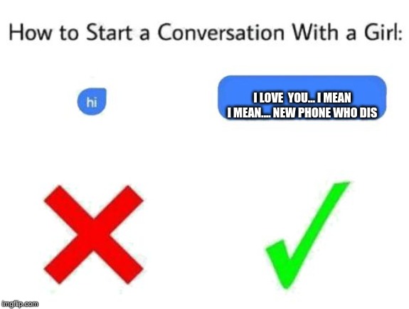 how to start a conversation with a girl (add text or image) | I LOVE  YOU... I MEAN I MEAN.... NEW PHONE WHO DIS | image tagged in how to start a conversation with a girl add text or image | made w/ Imgflip meme maker