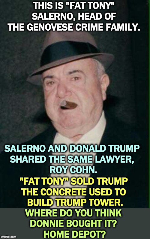 THIS IS "FAT TONY" SALERNO, HEAD OF THE GENOVESE CRIME FAMILY. SALERNO AND DONALD TRUMP 
SHARED THE SAME LAWYER, 
ROY COHN. "FAT TONY" SOLD TRUMP 
THE CONCRETE USED TO 
BUILD TRUMP TOWER. WHERE DO YOU THINK 
DONNIE BOUGHT IT? 
HOME DEPOT? | image tagged in trump,genovese,crime,criminal,mafia,mob | made w/ Imgflip meme maker