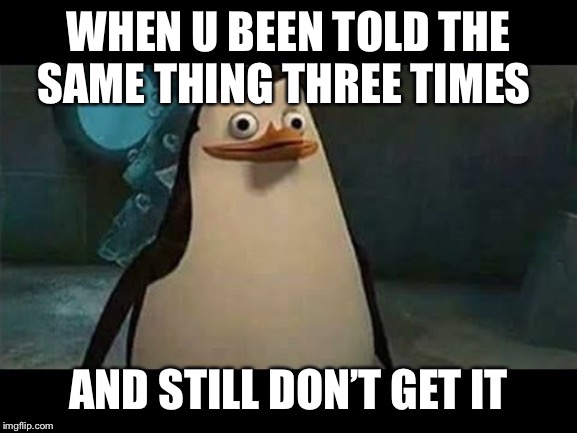 Confused penguin | WHEN U BEEN TOLD THE SAME THING THREE TIMES; AND STILL DON’T GET IT | image tagged in confused penguin | made w/ Imgflip meme maker
