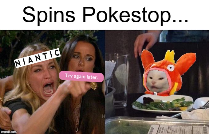 Woman Yelling At Cat Meme | Spins Pokestop... | image tagged in memes,woman yelling at a cat | made w/ Imgflip meme maker