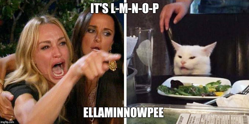 Smudge the cat | IT'S L-M-N-O-P; ELLAMINNOWPEE | image tagged in smudge the cat | made w/ Imgflip meme maker