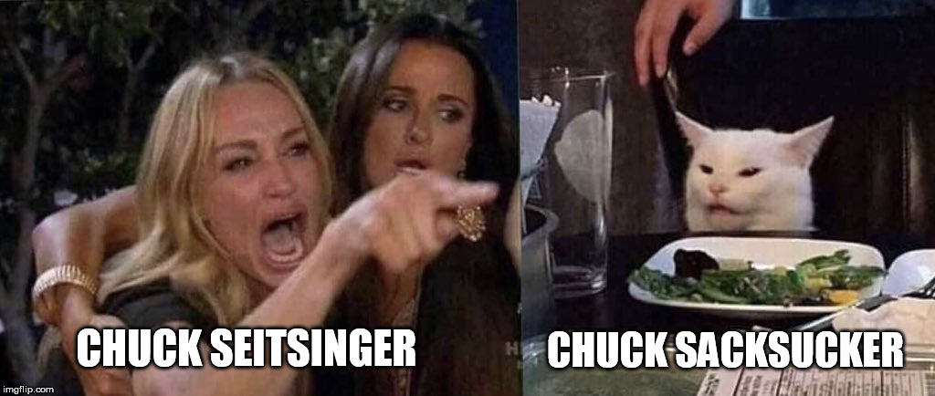 woman yelling at cat | CHUCK SEITSINGER; CHUCK SACKSUCKER | image tagged in woman yelling at cat | made w/ Imgflip meme maker