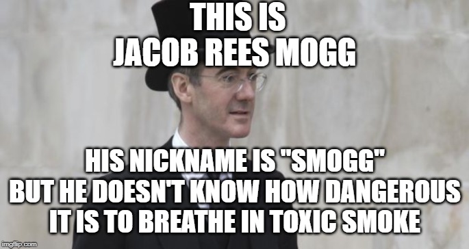 Smogg | THIS IS JACOB REES MOGG; HIS NICKNAME IS "SMOGG" BUT HE DOESN'T KNOW HOW DANGEROUS IT IS TO BREATHE IN TOXIC SMOKE | image tagged in jacob rees mogg,smoke,fumes,fire,grenfell tower | made w/ Imgflip meme maker