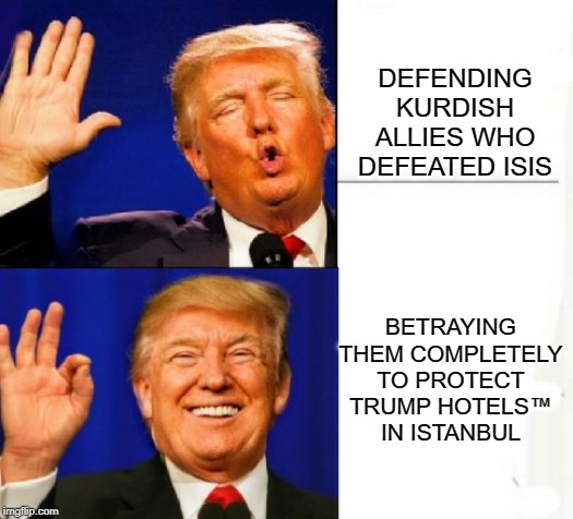 Donald Trump Yes/no | DEFENDING KURDISH ALLIES WHO DEFEATED ISIS; BETRAYING THEM COMPLETELY TO PROTECT
TRUMP HOTELS™
IN ISTANBUL | image tagged in donald trump yes/no | made w/ Imgflip meme maker