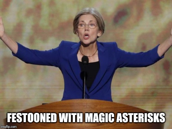 WaPo on her M4A plan | FESTOONED WITH MAGIC ASTERISKS | image tagged in elizabeth warren | made w/ Imgflip meme maker