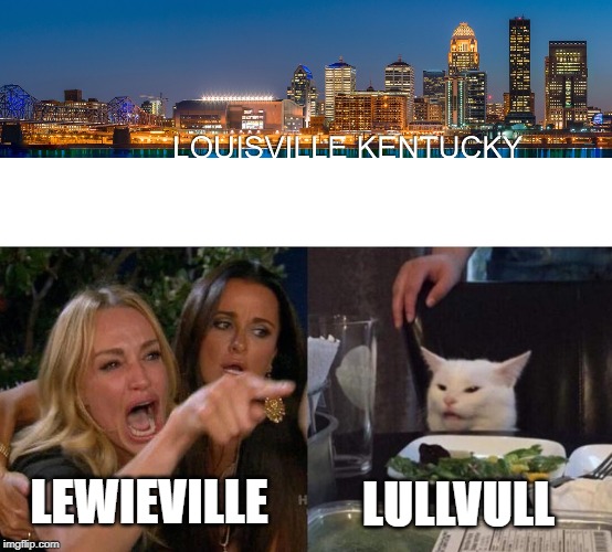 Louisville Cat | LULLVULL; LEWIEVILLE | image tagged in memes,woman yelling at a cat | made w/ Imgflip meme maker
