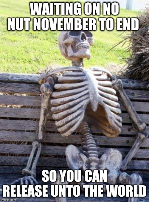 Waiting Skeleton Meme | WAITING ON NO NUT NOVEMBER TO END; SO YOU CAN RELEASE UNTO THE WORLD | image tagged in memes,waiting skeleton | made w/ Imgflip meme maker
