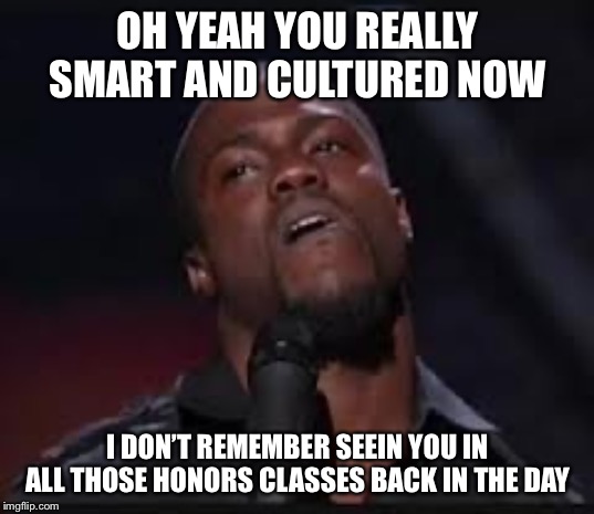 That Face You Make When You See Someone Who Barely Passed High School | OH YEAH YOU REALLY SMART AND CULTURED NOW; I DON’T REMEMBER SEEIN YOU IN ALL THOSE HONORS CLASSES BACK IN THE DAY | image tagged in kevin hart,so true,fake nerds | made w/ Imgflip meme maker