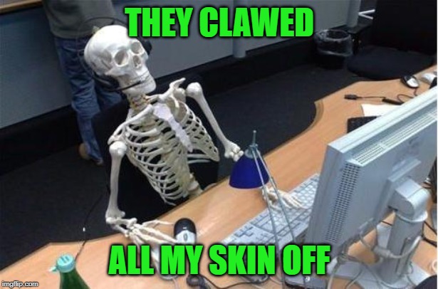Skeleton at desk/computer/work | THEY CLAWED ALL MY SKIN OFF | image tagged in skeleton at desk/computer/work | made w/ Imgflip meme maker