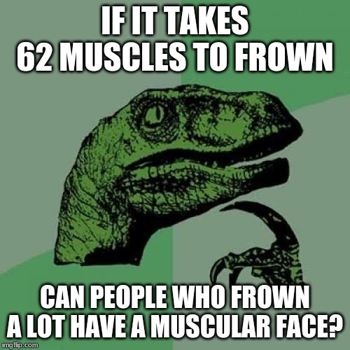 Philosoraptor | IF IT TAKES 62 MUSCLES TO FROWN; CAN PEOPLE WHO FROWN A LOT HAVE A MUSCULAR FACE? | image tagged in memes,philosoraptor | made w/ Imgflip meme maker