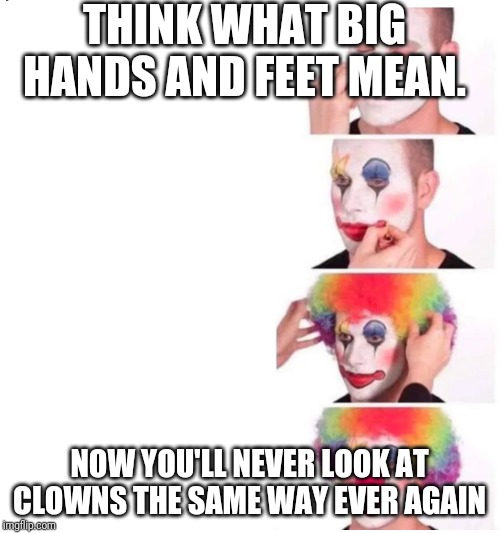 clown makeup | THINK WHAT BIG HANDS AND FEET MEAN. NOW YOU'LL NEVER LOOK AT CLOWNS THE SAME WAY EVER AGAIN | image tagged in clown makeup | made w/ Imgflip meme maker