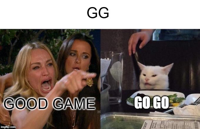 Woman Yelling At Cat | GG; GO GO; GOOD GAME | image tagged in memes,woman yelling at a cat | made w/ Imgflip meme maker