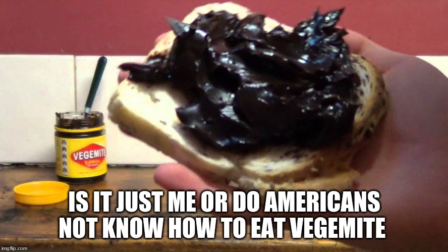 IS IT JUST ME OR DO AMERICANS NOT KNOW HOW TO EAT VEGEMITE | image tagged in funny | made w/ Imgflip meme maker