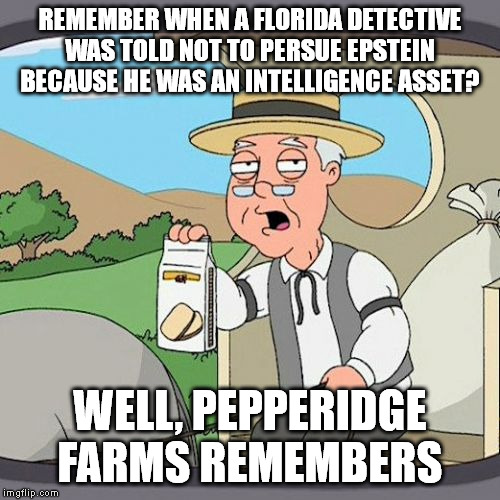 epstein mossad asset | REMEMBER WHEN A FLORIDA DETECTIVE WAS TOLD NOT TO PERSUE EPSTEIN BECAUSE HE WAS AN INTELLIGENCE ASSET? WELL, PEPPERIDGE FARMS REMEMBERS | image tagged in memes,pepperidge farm remembers | made w/ Imgflip meme maker