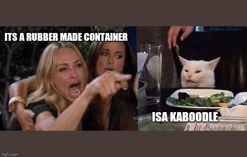 woman yelling at cat | ITS A RUBBER MADE CONTAINER; ISA KABOODLE | image tagged in woman yelling at cat | made w/ Imgflip meme maker