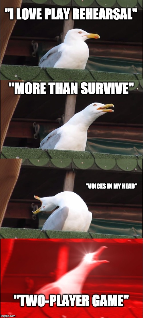 Inhaling Seagull Meme | "I LOVE PLAY REHEARSAL"; "MORE THAN SURVIVE"; "VOICES IN MY HEAD"; "TWO-PLAYER GAME" | image tagged in memes,inhaling seagull | made w/ Imgflip meme maker