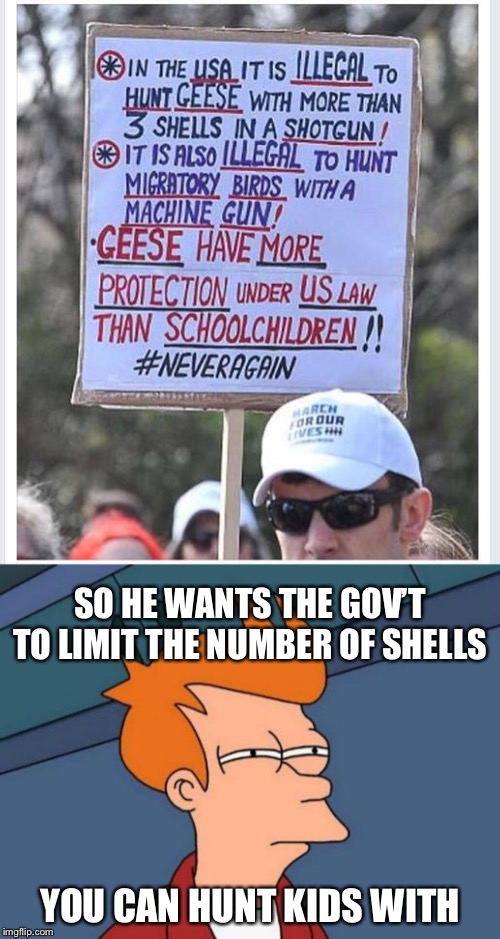 Social degeneracy. Fighting the symptoms won’t solve the problem | SO HE WANTS THE GOV’T TO LIMIT THE NUMBER OF SHELLS; YOU CAN HUNT KIDS WITH | image tagged in memes,futurama fry | made w/ Imgflip meme maker