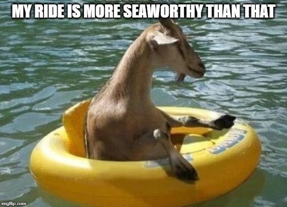 Floating Goat | MY RIDE IS MORE SEAWORTHY THAN THAT | image tagged in floating goat | made w/ Imgflip meme maker