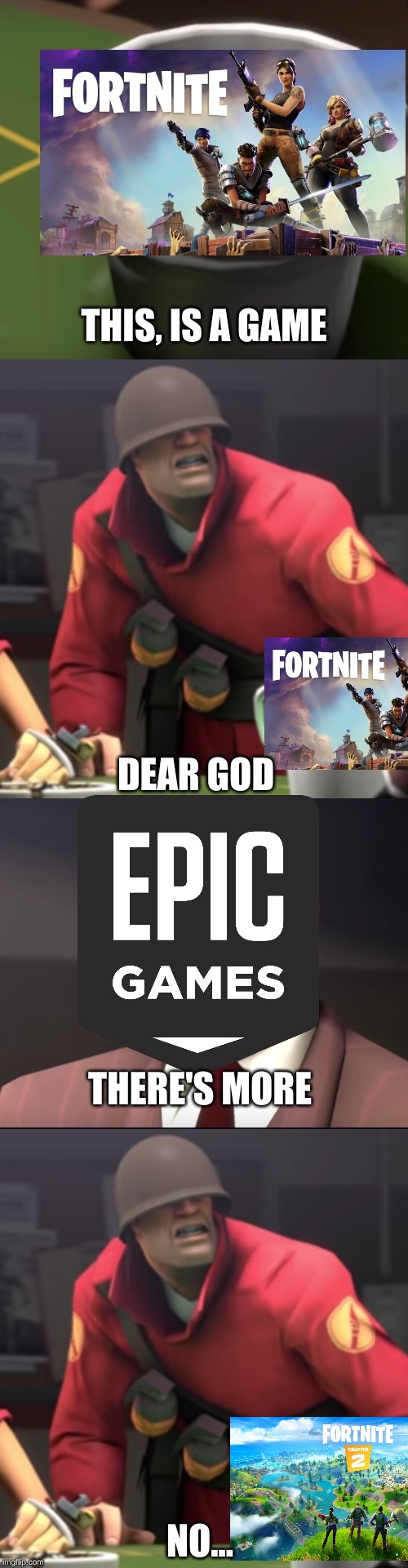 Dear god... | THIS, IS A GAME; DEAR GOD; THERE'S MORE; NO... | image tagged in team fortress 2,fortnite | made w/ Imgflip meme maker