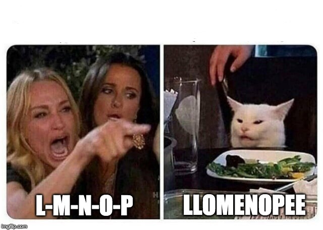 Cat at Dinner | LLOMENOPEE; L-M-N-O-P | image tagged in cat at dinner | made w/ Imgflip meme maker