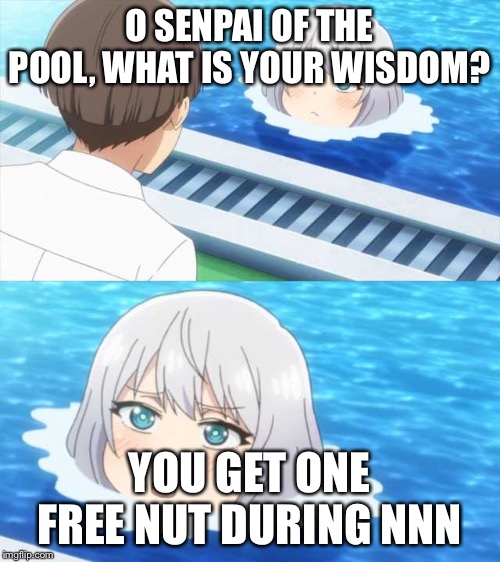 Senpai of the pool | O SENPAI OF THE POOL, WHAT IS YOUR WISDOM? YOU GET ONE FREE NUT DURING NNN | image tagged in senpai of the pool | made w/ Imgflip meme maker
