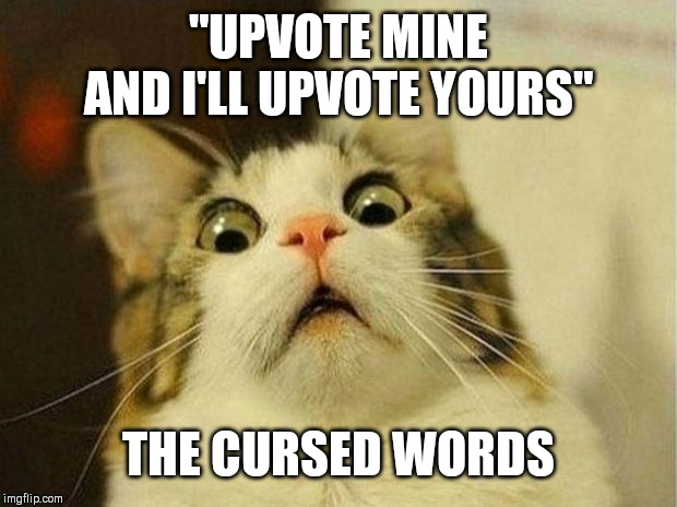Scared Cat Meme | "UPVOTE MINE AND I'LL UPVOTE YOURS"; THE CURSED WORDS | image tagged in memes,scared cat | made w/ Imgflip meme maker