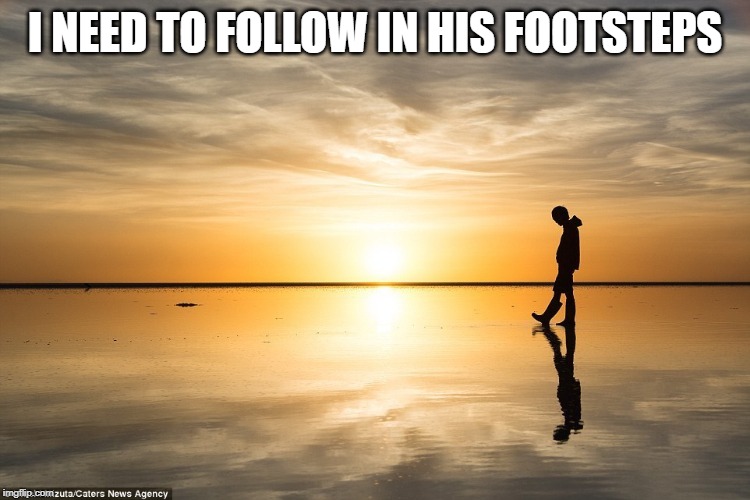 Walk on water discipline | I NEED TO FOLLOW IN HIS FOOTSTEPS | image tagged in walk on water discipline | made w/ Imgflip meme maker