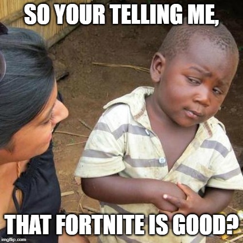 Third World Skeptical Kid | SO YOUR TELLING ME, THAT FORTNITE IS GOOD? | image tagged in memes,third world skeptical kid | made w/ Imgflip meme maker