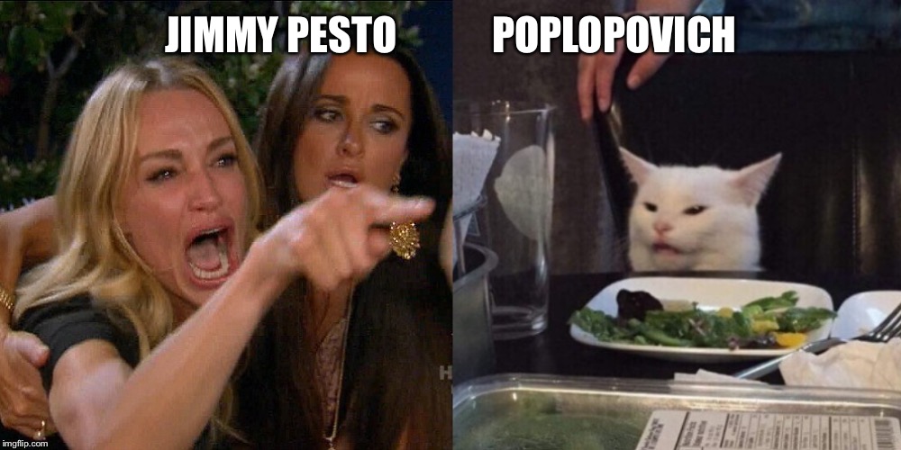 Woman yelling at cat | JIMMY PESTO            POPLOPOVICH | image tagged in woman yelling at cat | made w/ Imgflip meme maker