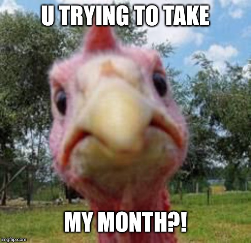 turkey | U TRYING TO TAKE MY MONTH?! | image tagged in turkey | made w/ Imgflip meme maker