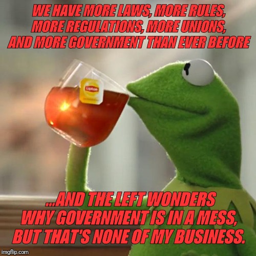But That's None Of My Business Meme | WE HAVE MORE LAWS, MORE RULES, MORE REGULATIONS, MORE UNIONS, AND MORE GOVERNMENT THAN EVER BEFORE; ...AND THE LEFT WONDERS WHY GOVERNMENT IS IN A MESS, BUT THAT'S NONE OF MY BUSINESS. | image tagged in memes,but thats none of my business,kermit the frog | made w/ Imgflip meme maker