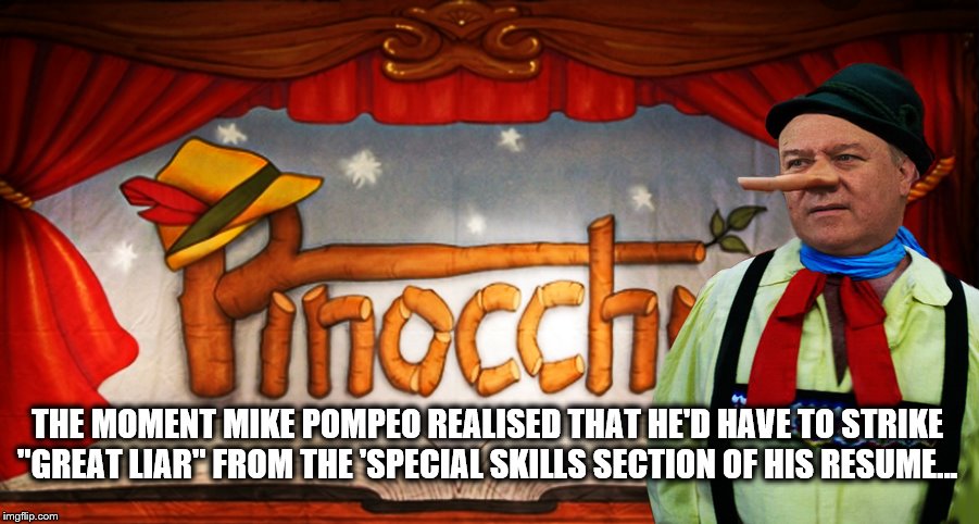 Liar-Liar | THE MOMENT MIKE POMPEO REALISED THAT HE'D HAVE TO STRIKE "GREAT LIAR" FROM THE 'SPECIAL SKILLS SECTION OF HIS RESUME... | image tagged in mike,donald trump,moron,idiot,liar liar pants on fire | made w/ Imgflip meme maker