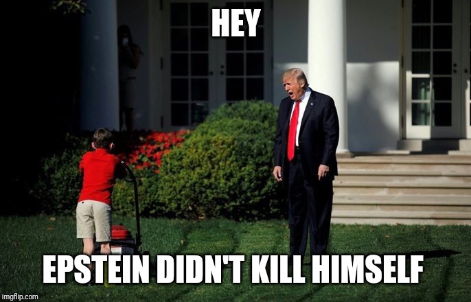 Epstein didn't kill himself | HEY; EPSTEIN DIDN'T KILL HIMSELF | image tagged in trump lawn mower | made w/ Imgflip meme maker