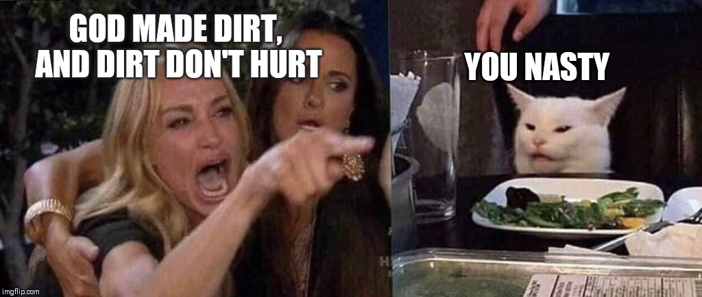 woman yelling at cat | YOU NASTY; GOD MADE DIRT,  AND DIRT DON'T HURT | image tagged in woman yelling at cat | made w/ Imgflip meme maker
