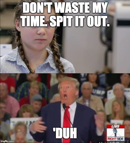 Trump - Greta Thunberg | DON'T WASTE MY TIME. SPIT IT OUT. 'DUH | image tagged in trump - greta thunberg | made w/ Imgflip meme maker