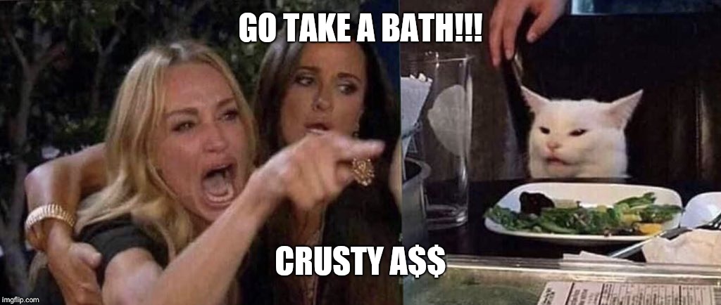 woman yelling at cat | GO TAKE A BATH!!! CRUSTY A$$ | image tagged in woman yelling at cat | made w/ Imgflip meme maker