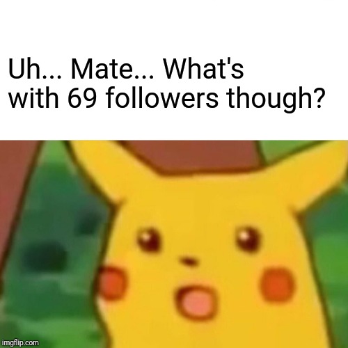Surprised Pikachu Meme | Uh... Mate... What's with 69 followers though? | image tagged in memes,surprised pikachu | made w/ Imgflip meme maker
