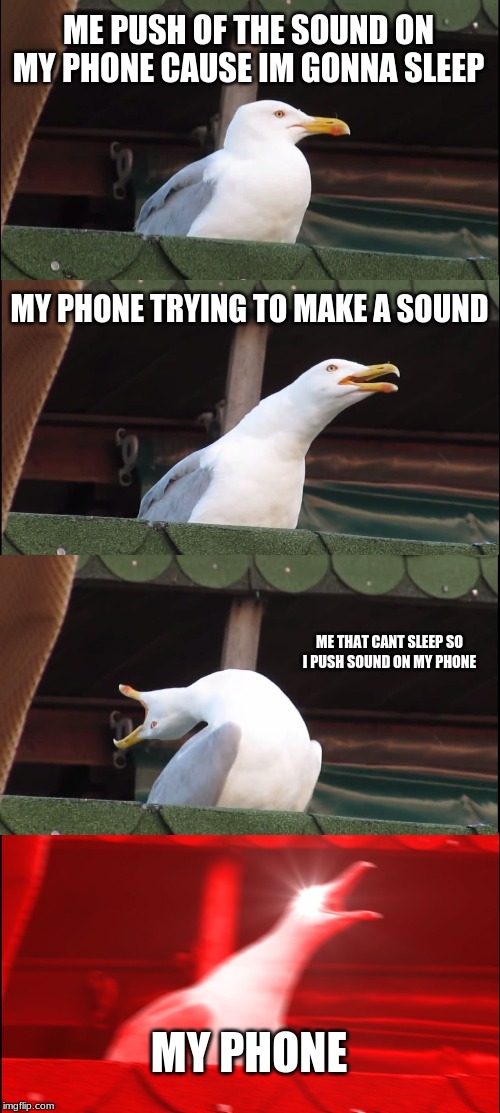 Inhaling Seagull | ME PUSH OF THE SOUND ON MY PHONE CAUSE IM GONNA SLEEP; MY PHONE TRYING TO MAKE A SOUND; ME THAT CANT SLEEP SO I PUSH SOUND ON MY PHONE; MY PHONE | image tagged in memes,inhaling seagull | made w/ Imgflip meme maker