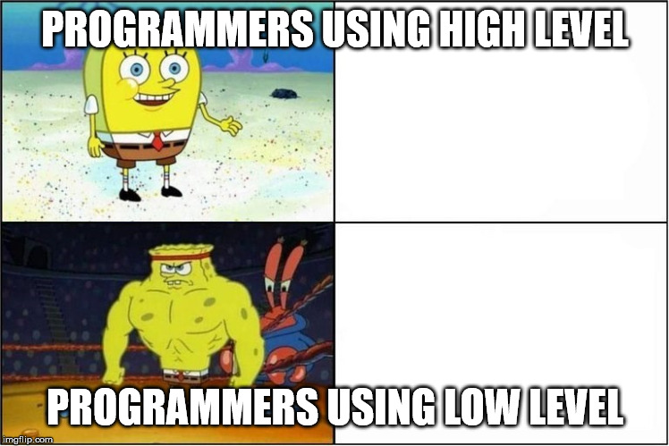 Weak vs Strong Spongebob | PROGRAMMERS USING HIGH LEVEL; PROGRAMMERS USING LOW LEVEL | image tagged in weak vs strong spongebob | made w/ Imgflip meme maker