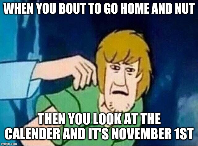 Scooby Doo Shaggy  | WHEN YOU BOUT TO GO HOME AND NUT; THEN YOU LOOK AT THE CALENDER AND IT'S NOVEMBER 1ST | image tagged in scooby doo shaggy | made w/ Imgflip meme maker
