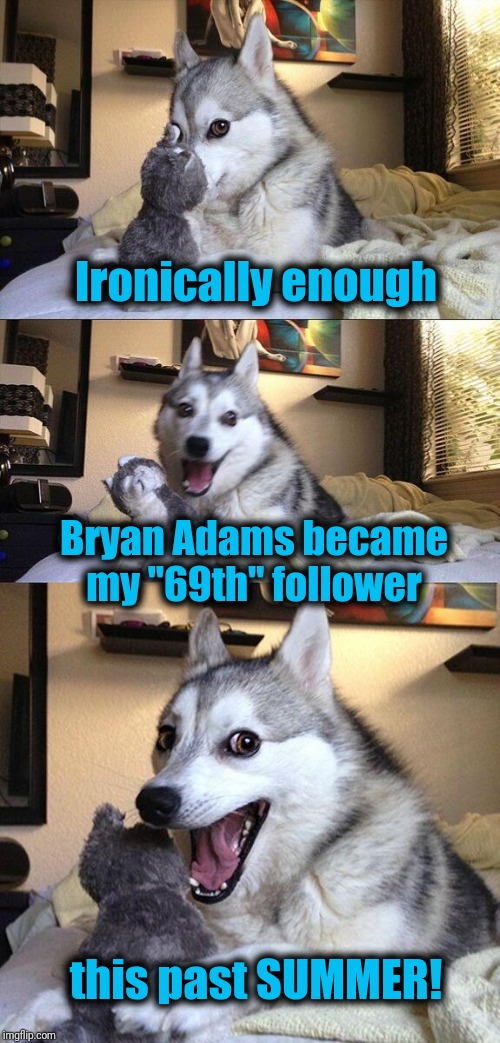 Bad Pun Dog Meme | Ironically enough; Bryan Adams became my "69th" follower; this past SUMMER! | image tagged in memes,bad pun dog | made w/ Imgflip meme maker