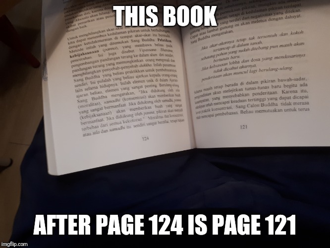 Page mistake | THIS BOOK; AFTER PAGE 124 IS PAGE 121 | image tagged in problems,fails,epic fail,failure,problem,failed | made w/ Imgflip meme maker