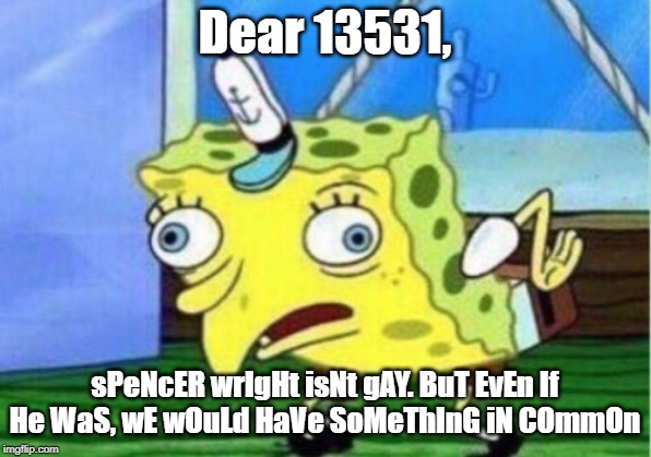 Mocking Spongebob | Dear 13531, sPeNcER wrIgHt isNt gAY. BuT EvEn If He WaS, wE wOuLd HaVe SoMeThInG iN COmmOn | image tagged in memes,mocking spongebob | made w/ Imgflip meme maker