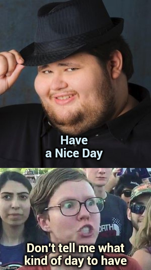 You can't win for losing | Have a Nice Day Don't tell me what kind of day to have | image tagged in triggered liberal,nice guy in a fedora,have a nice day,creepy smile,today was a good day,have fun | made w/ Imgflip meme maker