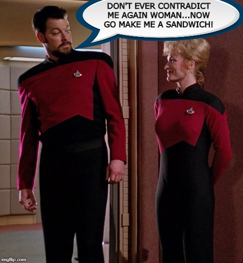 Star Trek: The Sexist Generation | DON'T EVER CONTRADICT ME AGAIN WOMAN...NOW GO MAKE ME A SANDWICH! | image tagged in riker | made w/ Imgflip meme maker