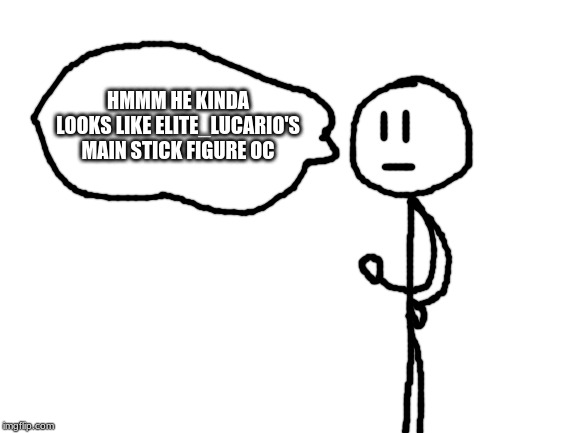 Blank White Template | HMMM HE KINDA LOOKS LIKE ELITE_LUCARIO'S MAIN STICK FIGURE OC | image tagged in blank white template | made w/ Imgflip meme maker