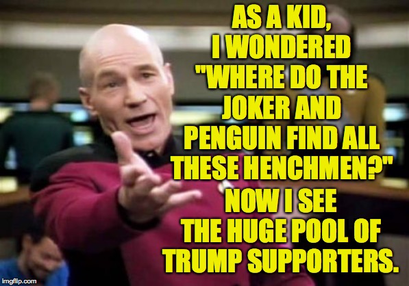 Picard Wtf Meme | AS A KID, I WONDERED "WHERE DO THE JOKER AND PENGUIN FIND ALL THESE HENCHMEN?" NOW I SEE THE HUGE POOL OF TRUMP SUPPORTERS. | image tagged in memes,picard wtf | made w/ Imgflip meme maker