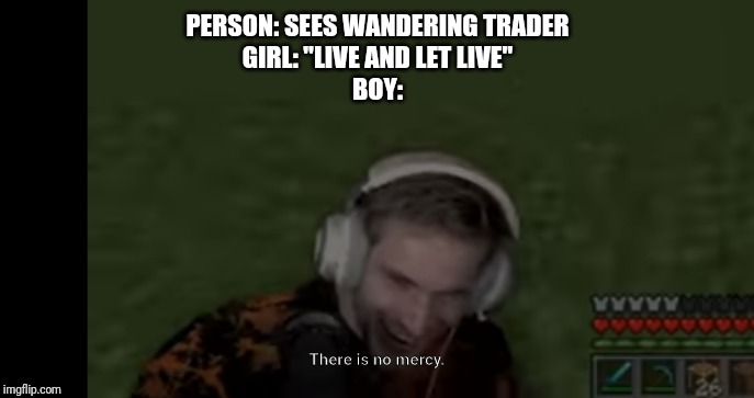 PEWDIEPIE EVIL FACE | PERSON: SEES WANDERING TRADER
GIRL: "LIVE AND LET LIVE"
BOY: | image tagged in pewdiepie evil face | made w/ Imgflip meme maker