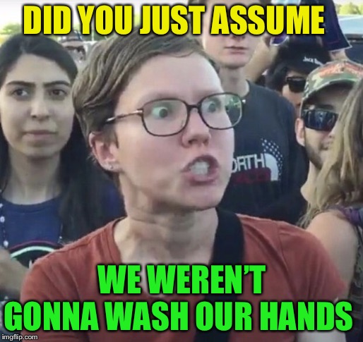 Triggered feminist | DID YOU JUST ASSUME WE WEREN’T GONNA WASH OUR HANDS | image tagged in triggered feminist | made w/ Imgflip meme maker